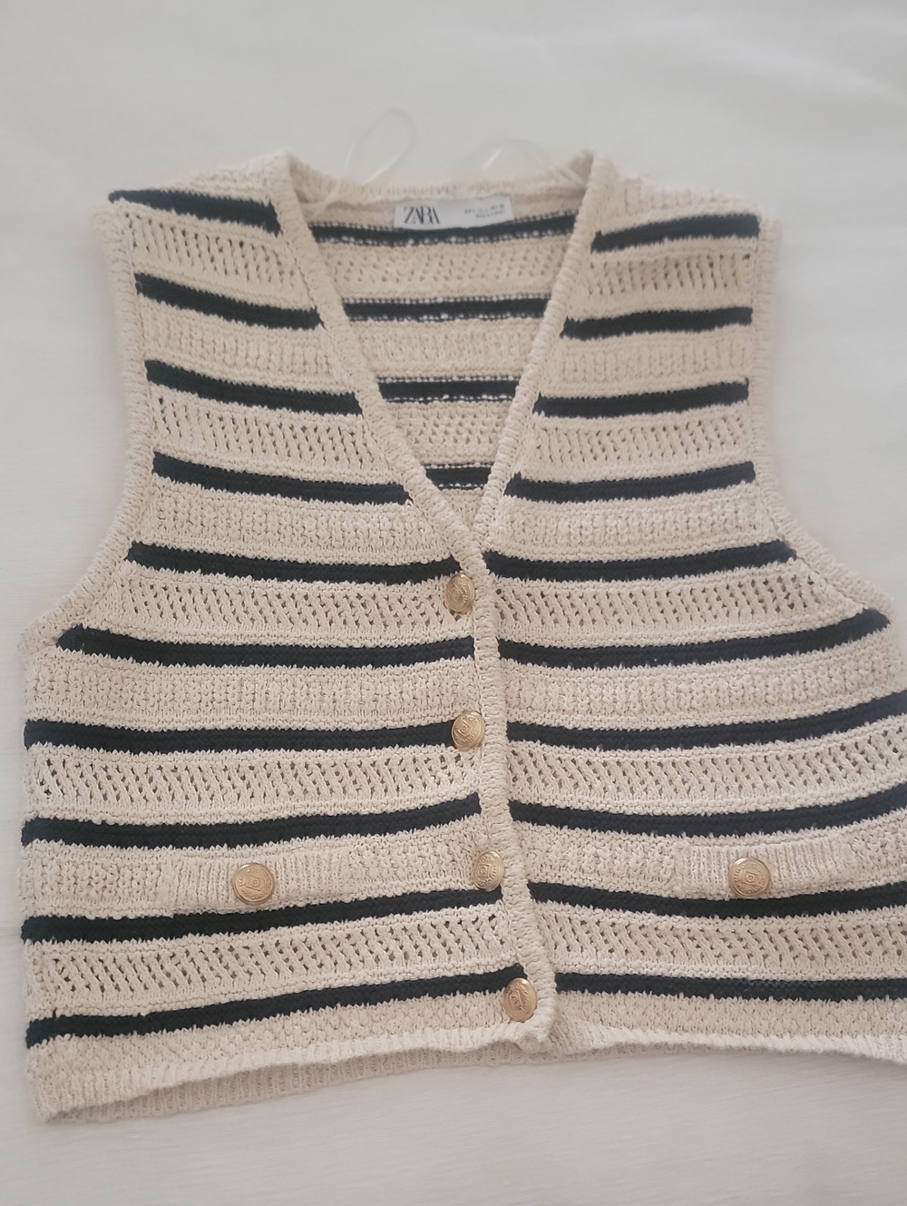 Zara Cream and Black Striped Knit Button-Front Vest